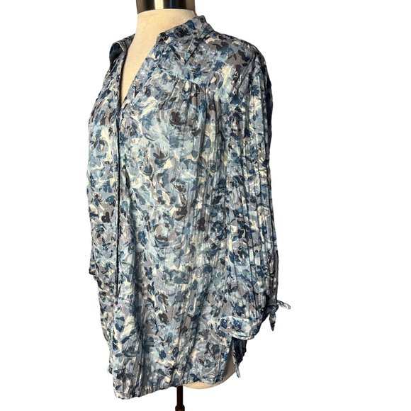 JM collection women’s blouse XL Blue button up 3/4 sleeve V neck - Picture 2 of 13